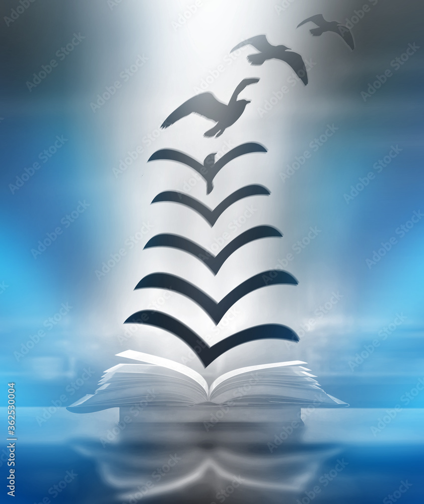 Poster a fantasy abstract image opens the book where the paper floats out of the book, turning into a bird 
