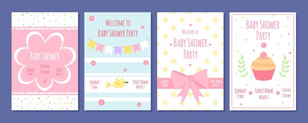 Fototapeta na wymiar Baby shower party cards. Birthday invitation with cute kids elements. Cartoon newborn flyers vector set. Illustration card announcement and greeting invitation baby