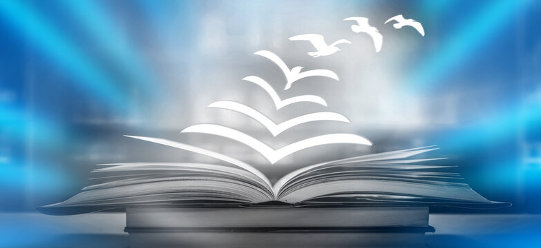 A fantasy abstract image opens the book where the paper floats out of the book, turning into a bird that flies to the future with magical magic power for success. Is a beautiful background