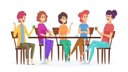 Girlfriends meeting. Cute women party, female with drinks talking and smiling. Isolated girls in cafe vector illustration. Meeting coffee adult, conversation in restaurant