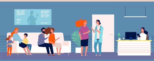 Pregnant women at doctor. Queue to gynecologist office, women with children and husband, expectant mothers vector illustration. Pregnant woman healthcare in hallway, healthy patient
