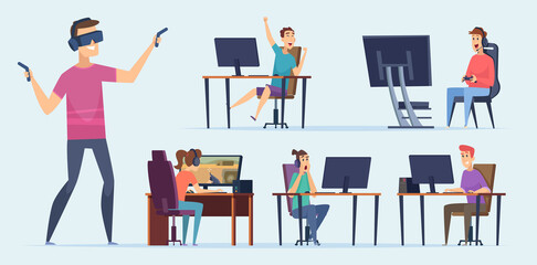 Cybersport characters. Video gaming team players teenagers playing on console with joystick pc an notebook vector characters. Gamer gaming on championship, character video online illustration
