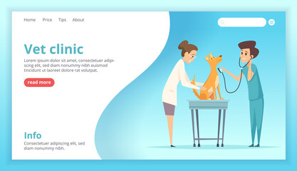 Vet clinic landing. Doctor exam happy domestic dog puppy healthcare specialist vector web page template. Vet clinic, veterinary professional doctor illustration