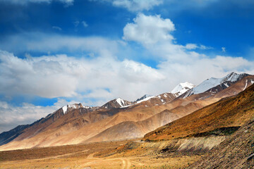 Paranoia view of brown snow mountain range near Pangong lake in Leh Ladakh, India