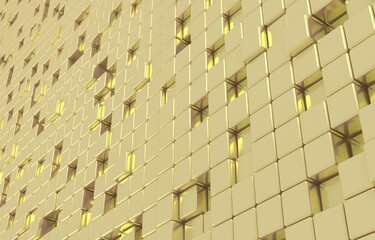 Abstract geometric shape of golden cubes 3d render. Futuristic fashioned glossy gold background.