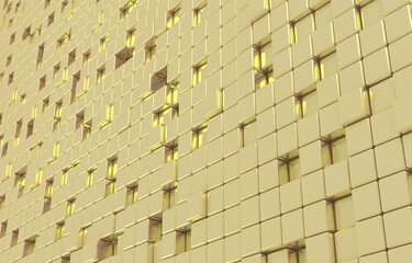 Abstract geometric shape of golden cubes 3d render. Futuristic fashioned glossy gold background.
