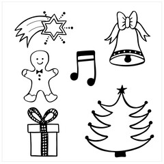 Christmas illustrations in black and white, set of simple hand drawn vector drawings in doodle style