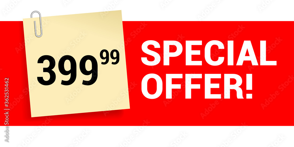 Poster price tag with price on note paper with paperclip and red background with sample text - vector templ