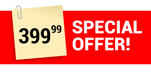 Price tag with price on note paper with paperclip and red background with sample text - vector template for special offers, shopping tags, sales, wobblers and other promotion