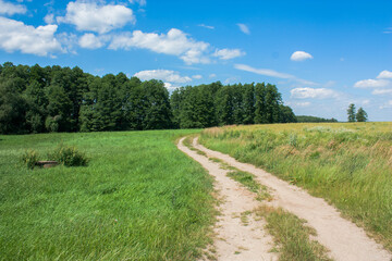 Fototapeta na wymiar Meandering footpath dirt track winding through farmland in the Polish countryside. Concepts looking forward, long road ahead