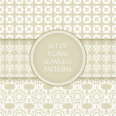 Olive green and white floral seamless backgrounds. Compilation of patterns