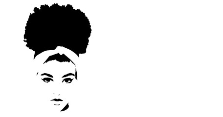 Background of Cute black African American girl or woman. Portrait with high puff curly Afro hair style and face make up, illustration with text space for cosmetics. Silhouette afro girl
