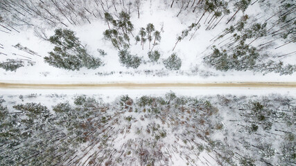 Aerial view of the road with snow in the forest