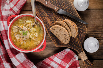 Barley soup with vegetables and chicken.