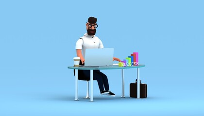 Smiling Businessman in glasses 3d illustration. Advertising poster of stock market broker. Successful man. Bearded  man working in office.