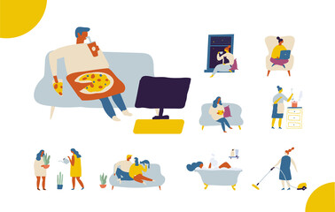 Man eating pizza on the couch. People spending time at home flat vector illustration. Relaxing at home, leisure time	
