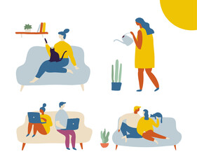 People spending time at home flat vector illustration. Cozy Relaxing at home, leisure time.