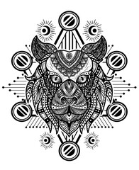 Illustration vector tiger head mandala pattern style with sacred geometry on white background.