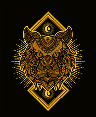 Illustration vector tiger head mandala pattern style with sacred geometry on black background.