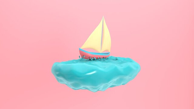 3d rendering abstract animation boat sailboat floating on the waves. Funny joke cartoon style.