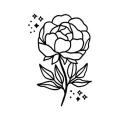Hand drawn rose, peony flower and botanical leaf branch illustration. Black line art vector feminine logo. Symbol and icon for wedding, business card, cosmetics, jewel, brand, and beauty products