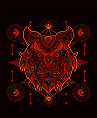 Illustration vector tiger head mandala pattern style with sacred geometry on black background.
