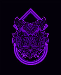 Illustration vector tiger head mandala pattern style with sacred geometry on black background.