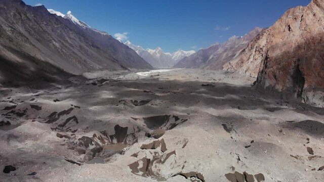 Stunning view of Batura glacier, 57 km in length, an iconic landscape close to the Hunza valley and beautiful morraine trek, Gilgit Baltistan region, Pakistan