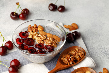 Chia pudding with cherry and nuts in glass bowl