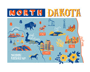 Illustrated map of  North Dakota, USA. Travel and attractions. Souvenir print