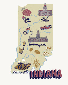 Illustrated map of  Indiana, USA. Travel and attractions. Souvenir print