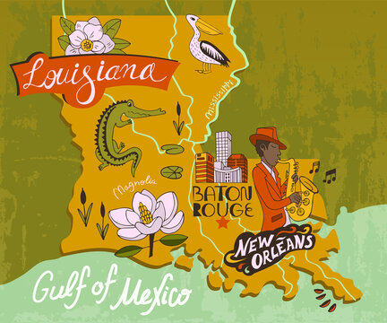 Illustrated map of  Louisiana, USA. Travel and attractions. Souvenir print