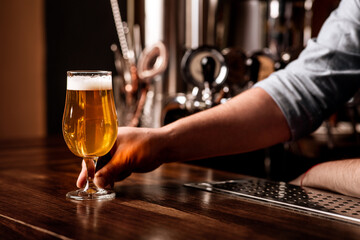 Drinks, fun, meeting, oktoberfest. Barman serves beer on counter in interior of pub