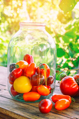 tomatoes of different colors in a glass jar