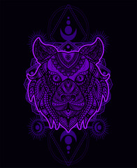 Illustration vector tiger head mandala pattern style with sacred geometry on black background.