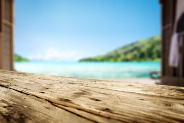 Desk of free space and summer beach 
