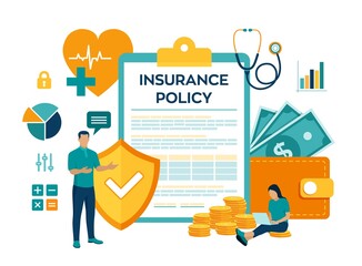 Health insurance concept. Healthcare, finance and medical service. Insurance policy. Protection health. Care medical. Colourful flat style vector illustration with characters and icons.