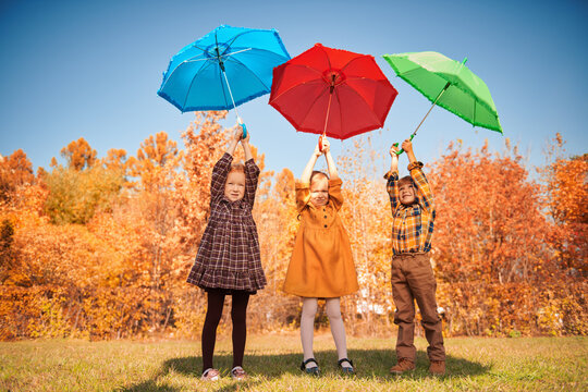 children with colorful umbrellas