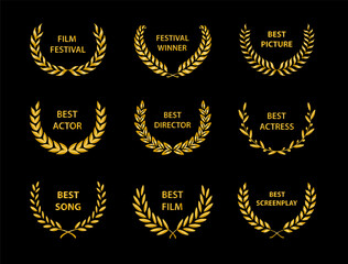 Film Awards. Gold award wreaths on black background. Vector illustration.