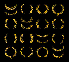 Fototapeta premium Kolekcja różnych złotych sylwetki wieńców laurowych, pszenicy, dębu i oliwek, przedstawiających nagrodę, osiągnięcie, heraldykę, szlachtę, twórcę gry. Ilustracji wektorowych.