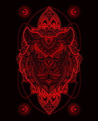 Tiger head floral tribal style with mandala pattern in black background-vector retro illustration.