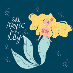 Card templates with mermaids. Typography poster, card, label, banner design set. Vector illustration