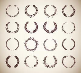 Collection of different vintage silhouette circular laurel foliate, olive and oak wreaths depicting an award, achievement, heraldry, nobility. Vector illustration.
