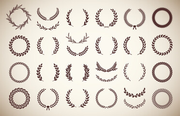 Collection of different vintage silhouette circular laurel foliate, olive and oak wreaths depicting an award, achievement, heraldry, nobility. Vector illustration.