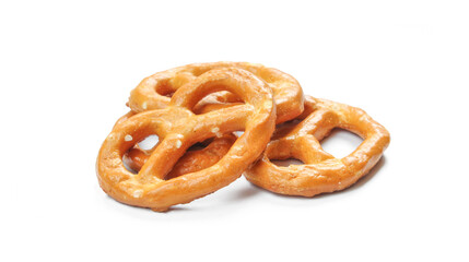 Stack of pretzels isolated on white background. Salted Crunchy snack food 