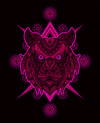 Illustration vector tiger head mandala pattern style with sacred geometry on black background.