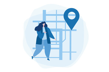 GPS navigation  app. maps, woman get directions. Vector illustration for web banner, infographics, mobile. 