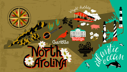 Illustrated map of  North Carolina, USA. Travel and attractions. Souvenir print