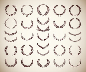Collection of different vintage silhouette circular laurel foliate, olive and oak wreaths depicting an award, achievement, heraldry, nobility. Vector illustration.