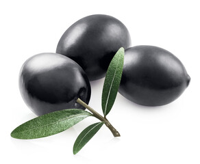 Delicious black olives with leaves, isolated on white background